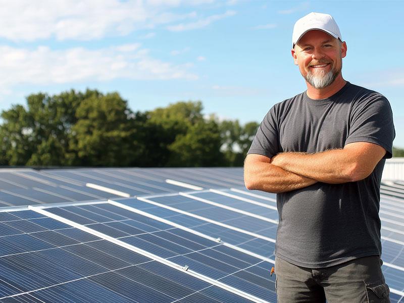 Man in front of solar panels